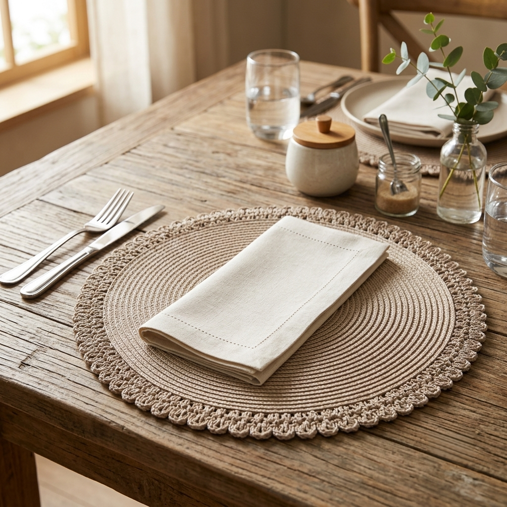 Kit Essencial de mesa posta com lugar americano redondo e guardanapo de tecido off white sobre mesa de madeira.